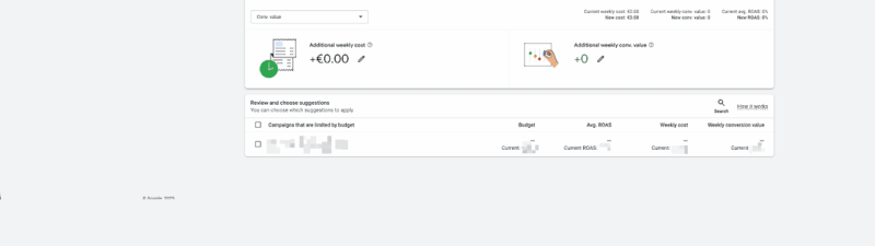 Google Ads dashboard on the "Recommendations" page highlights an Investment Strategy, featuring options for primary campaign goals, estimated values, and two graphs. The sidebar organizes campaigns by category for easier navigation.