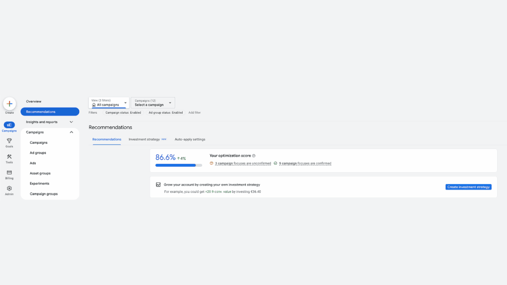 A dashboard displaying Google Ads campaign recommendations with an 86.46% optimization score. Options to view insights, apply recommendations, and create an investment strategy are visible on the left and center panels.