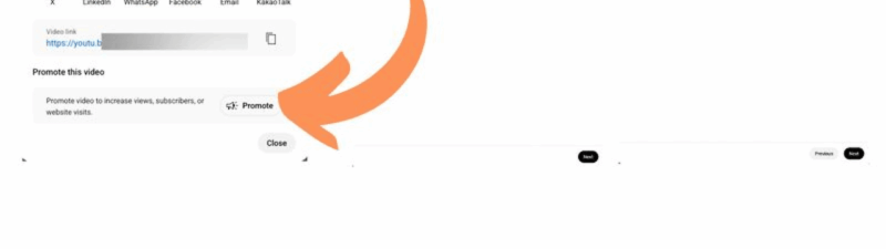 Screenshot showing YouTube’s "Promote" feature for YouTube advertising to boost video views, subscribers, or website visits, highlighted by an orange arrow on the YouTube Promote Button, plus steps for linking a Google Ads account.