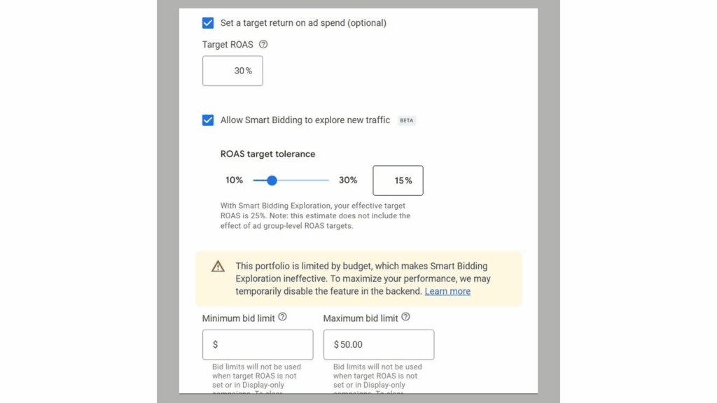 A settings panel for ad spend shows options for setting target ROAS, enabling Smart Bidding, choosing ROAS target tolerance (30%, 15%), maximizing conversion value, and setting bid limits with a warning about potential feature limits.