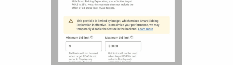 A settings panel for ad spend shows options for setting target ROAS, enabling Smart Bidding, choosing ROAS target tolerance (30%, 15%), maximizing conversion value, and setting bid limits with a warning about potential feature limits.
