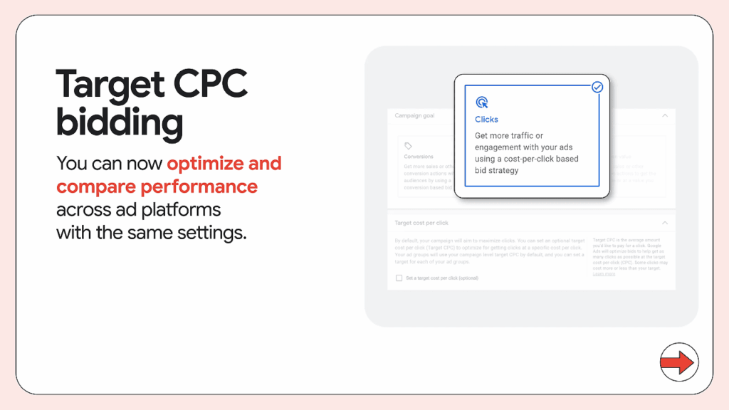 A promotional graphic for Target CPC bidding. Text explains you can optimize and compare performance across ad platforms with the same settings for smarter bidding. An example ad setting shows a tooltip for “Clicks.”.