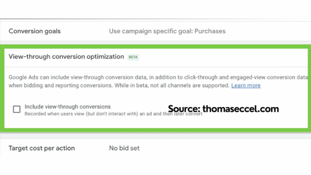 Screenshot of a Google Ads setting for "View-through conversion optimization," featuring a highlighted option to include view-through conversions—an essential feature for demand gen campaigns. Source: thomaseccel.com.