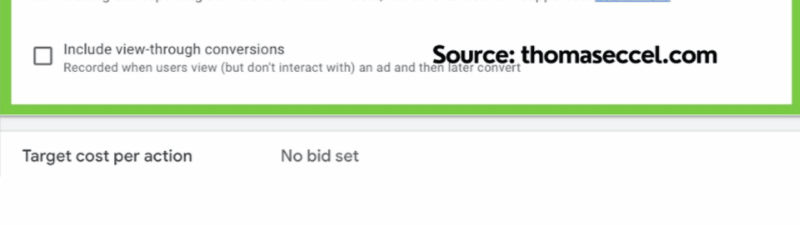 Screenshot of a Google Ads setting for "View-through conversion optimization," featuring a highlighted option to include view-through conversions—an essential feature for demand gen campaigns. Source: thomaseccel.com.
