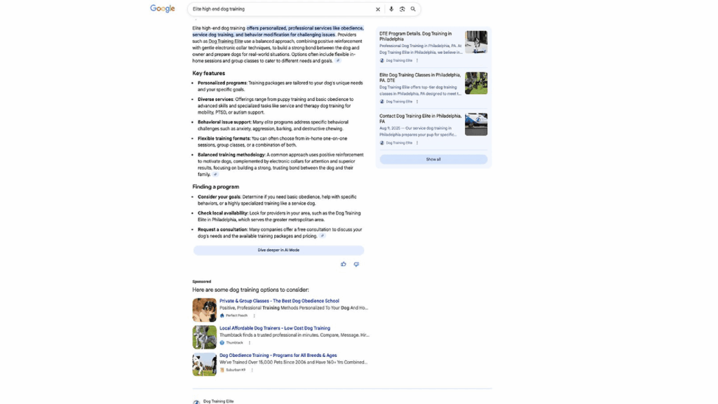Screenshot of a Google search results page for "8th dog and dog training," featuring a snippet with key training tips, Google AI Ads displayed alongside, related links on the right, and additional results—including the Google 3-Pack—below.