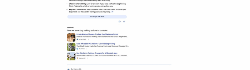 Screenshot of a Google search results page for "8th dog and dog training," featuring a snippet with key training tips, Google AI Ads displayed alongside, related links on the right, and additional results—including the Google 3-Pack—below.