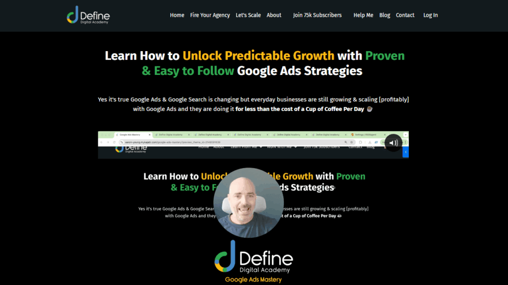 A website homepage for Define Digital Academy features a headline about unlocking predictable growth with Google Ads, a navigation menu, and a photo of a smiling man below the main section—plus exclusive Black Friday PPC deals highlighted for visitors.