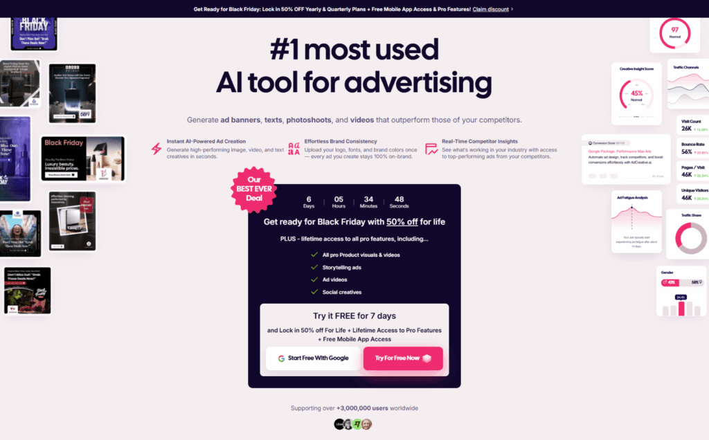 A website homepage promoting an AI tool for advertising, featuring a bold headline, a promotional banner for Black Friday PPC deals, a sign-up offer, screenshots of ad samples, and logos of social media platforms on a white background.