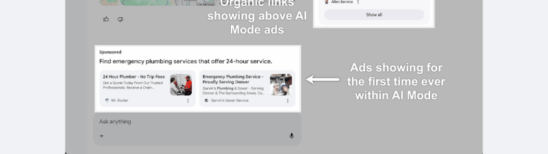 A Google search results page for "urgent leaks and system failure" shows organic links above AI-generated results, with Google AI ads appearing within the AI Mode section for the first time. Arrows and labels highlight these features.