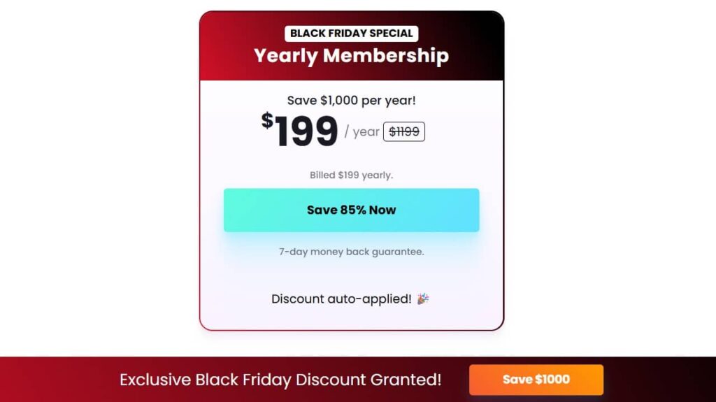 A promotional graphic for Black Friday PPC deals on a yearly membership: $199/year, down from $1,199, with 85% savings, auto-applied discount, and an exclusive banner granting a $1000 Black Friday discount.