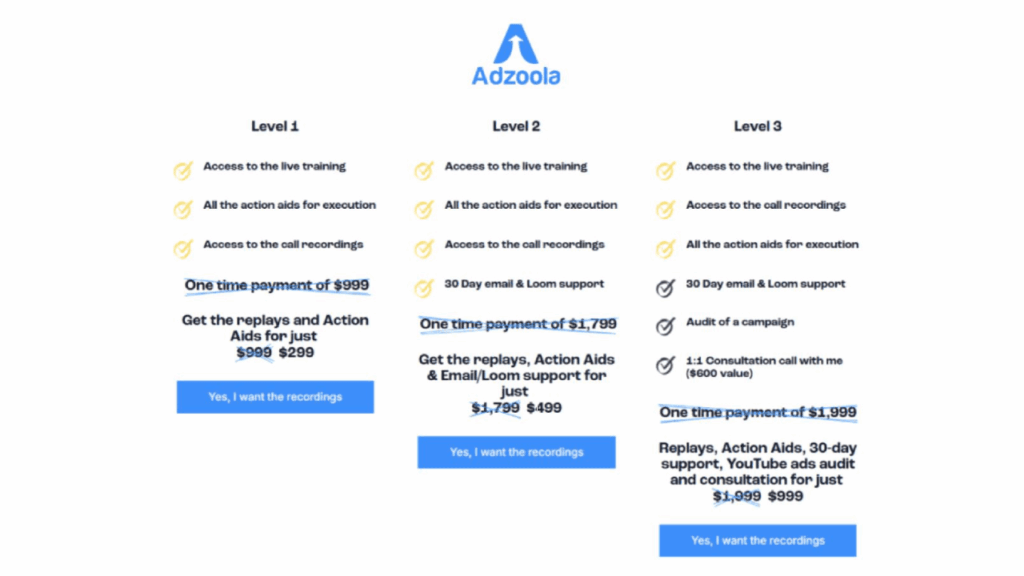 Discover Adzoola’s three pricing tiers, now featuring exclusive Black Friday PPC deals. Level 1 is $499, Level 2 is $799, and Level 3 is $1,999—higher tiers include recordings and added consultation or support.