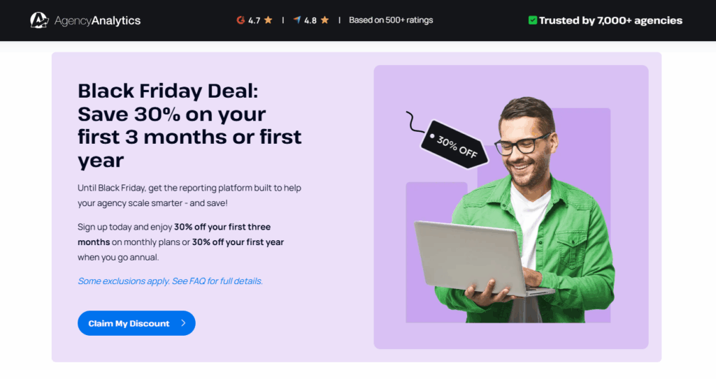 A smiling man in glasses and a green jacket uses a laptop, with a “30% OFF” tag above him. To the left, text highlights Black Friday PPC deals—get 30% off AgencyAnalytics for the first 3 months or year.