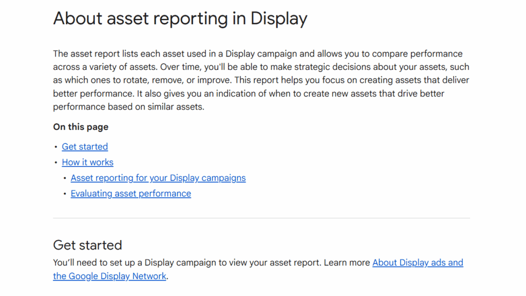 A webpage titled "About asset reporting in Display" explains Asset-Level Insights for Display Campaigns, with links to "Get started," "How it works," "Asset reporting for your Display campaigns," and "Evaluating asset performance.