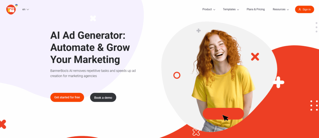 A website homepage for an AI Ad Generator features a smiling woman with red hair in a yellow shirt. Bold text promotes automating marketing and highlights Black Friday PPC deals. Buttons invite users to get started for free or book a demo, with red and white shapes enhancing the design.