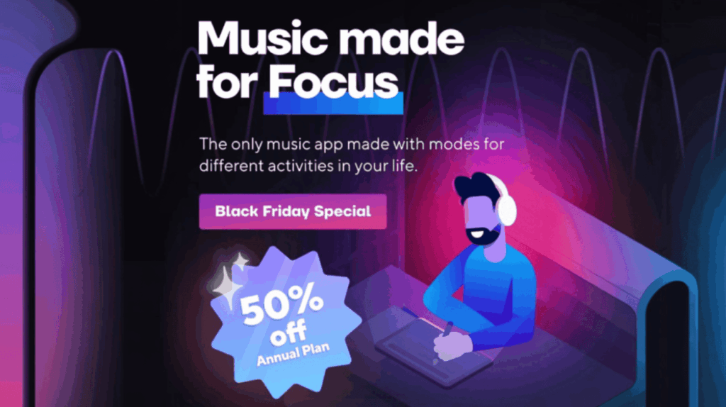 A digital ad shows "Music made for Focus" with a person in headphones writing at a desk. Text promotes Black Friday PPC deals: "50% off Annual Plan." Background features dynamic purple and pink gradients.