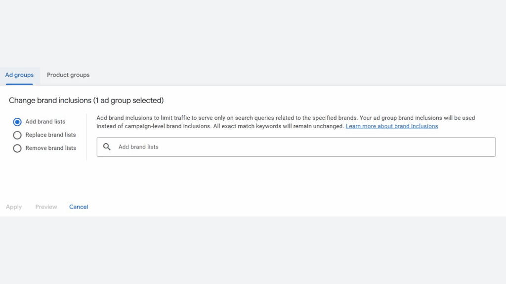 A screenshot of a Google Ads interface highlights Google brand controls with options to "Add brand lists" or "Remove brand lists" for ad group targeting in PMax and Standard Shopping campaigns. A text field and Apply, Preview, and Cancel buttons are visible below.