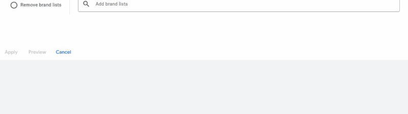 A screenshot of a Google Ads interface highlights Google brand controls with options to "Add brand lists" or "Remove brand lists" for ad group targeting in PMax and Standard Shopping campaigns. A text field and Apply, Preview, and Cancel buttons are visible below.