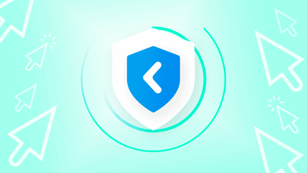 A blue shield with a white left-pointing arrow is centered on a light teal background, surrounded by circular lines and large white cursor icons, highlighting Click Fraud Protection.