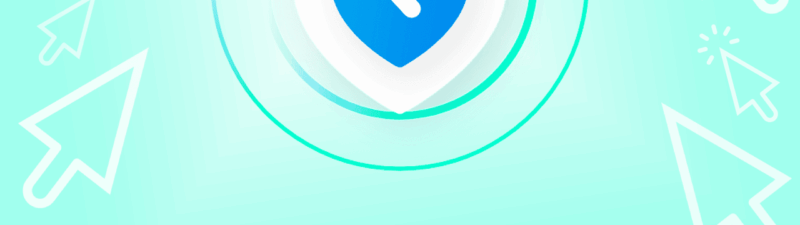 A blue shield with a white left-pointing arrow is centered on a light teal background, surrounded by circular lines and large white cursor icons, highlighting Click Fraud Protection.
