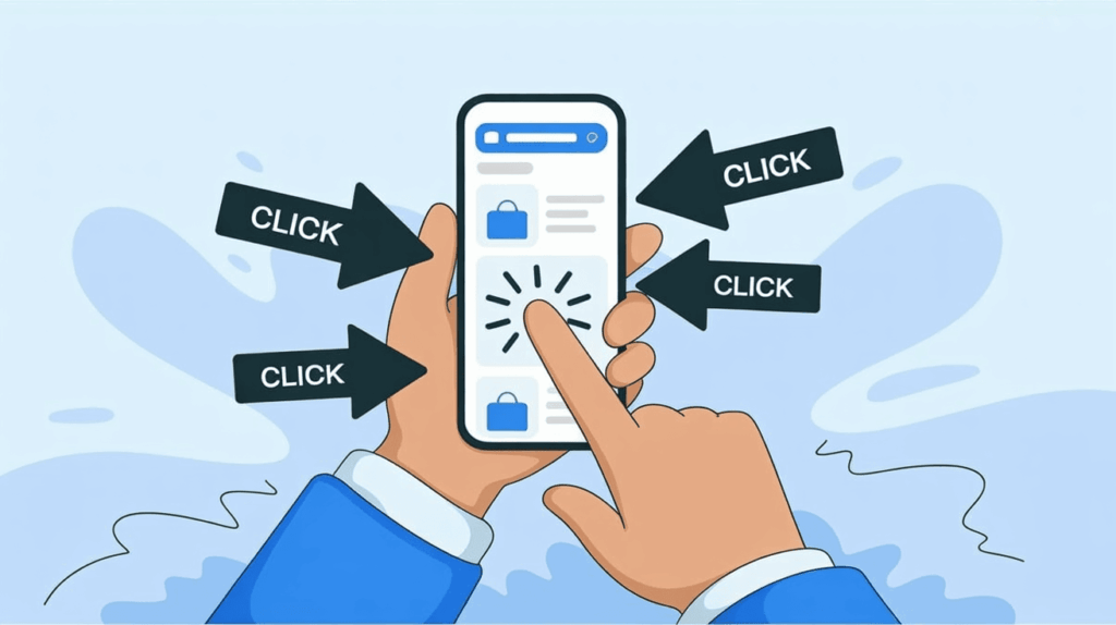 Illustration of hands holding a smartphone, with one finger tapping on the screen. Four arrows labeled "CLICK" point toward the phone, highlighting repeated clicks—a common scenario in click fraud protection.