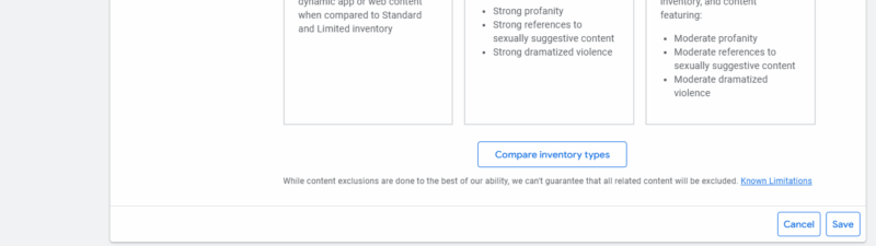 A screenshot of the "Content suitability" settings for inventory type on Google Display Network. Three options—Expanded, Standard (recommended), and Limited—outline content and ad appearance guidelines to ensure brand suitability, also applicable to YouTube.
