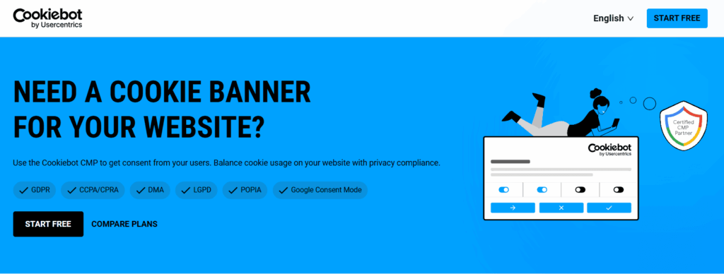 A website banner for Cookiebot shows a woman using a laptop above a cookie consent form. The text asks, "Need a cookie banner for your website?" with GDPR, CCPA, DMA compliance icons and highlights exclusive Black Friday PPC deals.