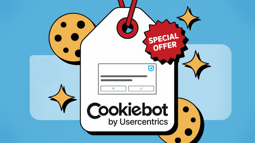 A large price tag with "Cookiebot by Usercentrics" displayed, showcases a browser consent form, CMP pricing details, a red "special offer" badge for a 2025 offer, cookies, and shiny gold stars on a blue background.