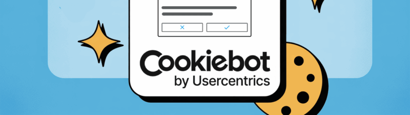 A large price tag with "Cookiebot by Usercentrics" displayed, showcases a browser consent form, CMP pricing details, a red "special offer" badge for a 2025 offer, cookies, and shiny gold stars on a blue background.