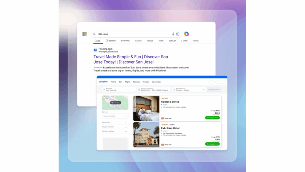 A digital illustration showcases creative generation with a Google search for "San Jose," displaying scalable travel booking results—hotel images, names, prices, and locations—all set against a purple gradient background.