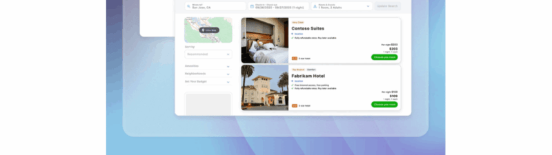 A digital illustration showcases creative generation with a Google search for "San Jose," displaying scalable travel booking results—hotel images, names, prices, and locations—all set against a purple gradient background.