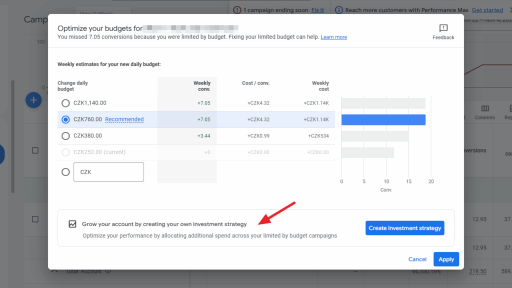 A Google Ads interface showing budget optimization options, with an arrow pointing to a suggestion: "Grow your account by creating your own Google investment strategy." The "Create investment strategy" button is highlighted.