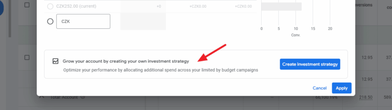 A Google Ads interface showing budget optimization options, with an arrow pointing to a suggestion: "Grow your account by creating your own Google investment strategy." The "Create investment strategy" button is highlighted.