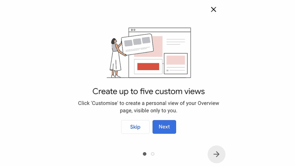 Illustration of a person holding a large webpage template. Below, text reads: “Create up to five Customisable Overview Views,” with options to Skip or go to the Next step. Instructional text explains customizing your Google Ads overview page.