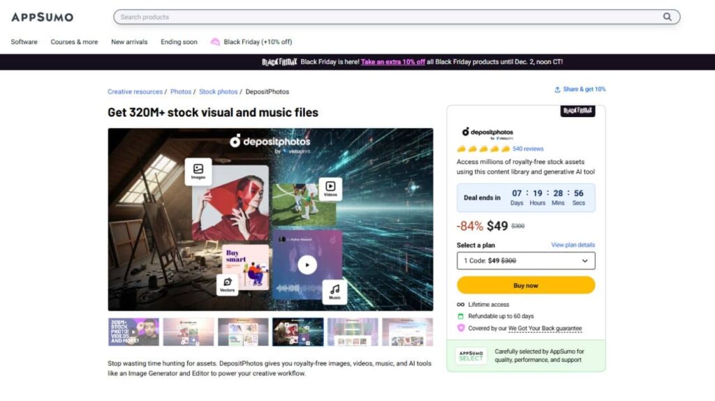 Screenshot of an AppSumo deal page for Depositphotos, featuring black friday ppc deals and access to over 320 million stock visuals and music files for $49. The page highlights product images, pricing, and a 16% Black Friday discount banner.