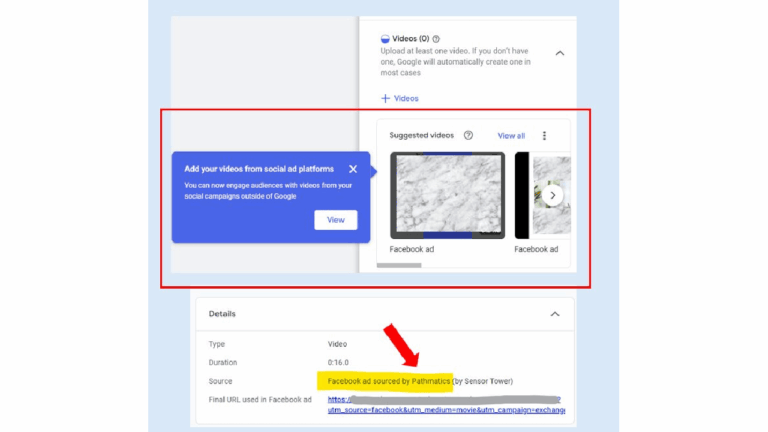 Screenshot showing a prompt to add videos from social ad platforms via Direct Video Uploads, suggested Facebook ad videos of marble surfaces, and video details highlighting "Facebook ad sourced by Pathmatics" in yellow.