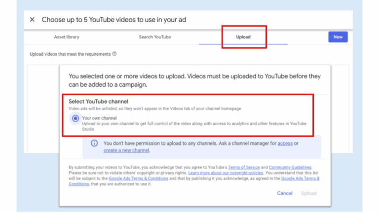 A screenshot of the YouTube ad setup page with the "Upload" tab selected. A highlighted box prompts users to select a channel, streamlining Direct Video Uploads for use in a PMax ad campaign.