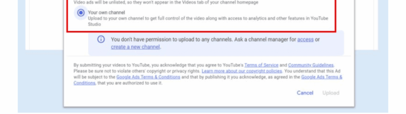 A screenshot of the YouTube ad setup page with the "Upload" tab selected. A highlighted box prompts users to select a channel, streamlining Direct Video Uploads for use in a PMax ad campaign.