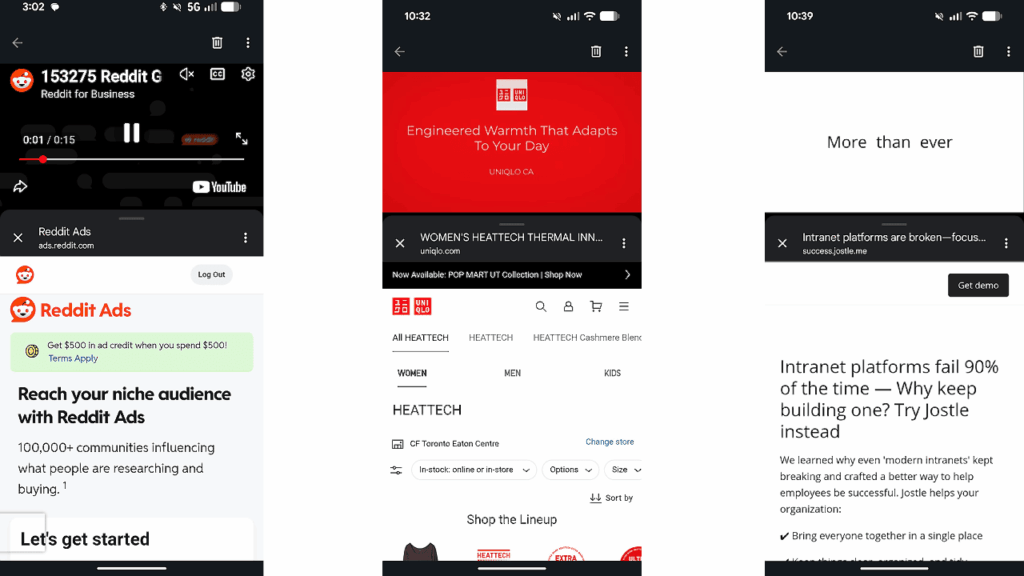 A collage of four smartphone screenshots: Reddit video, Gmail Video Ads, Uniqlo HEATTECH product page, and an article about intranet platforms, each auto-opened to showcase different advertiser websites and apps in use.
