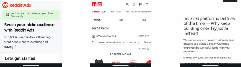 A collage of four smartphone screenshots: Reddit video, Gmail Video Ads, Uniqlo HEATTECH product page, and an article about intranet platforms, each auto-opened to showcase different advertiser websites and apps in use.