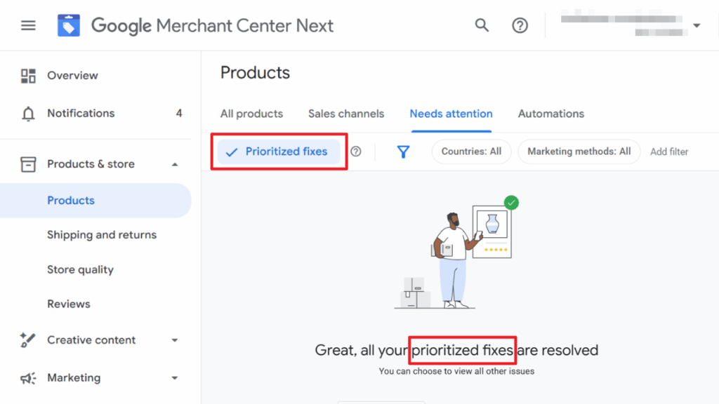 Screenshot of the Google Merchant Center Next “Products” page, with “Prioritized fixes” tab selected and a message below stating, “Great, all your prioritized fixes are resolved.”.