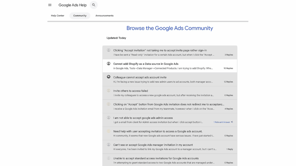 Screenshot of the Google Ads Help Community page showing a list of user questions about access issues, including topics like accepting invitations, data sources, admin access, account management, and finding a temporary fix.