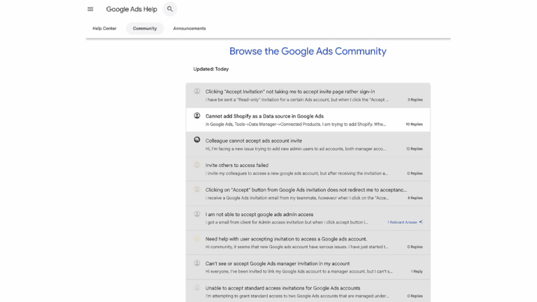 Screenshot of the Google Ads Help Community page showing a list of user questions about access issues, including topics like accepting invitations, data sources, admin access, account management, and finding a temporary fix.