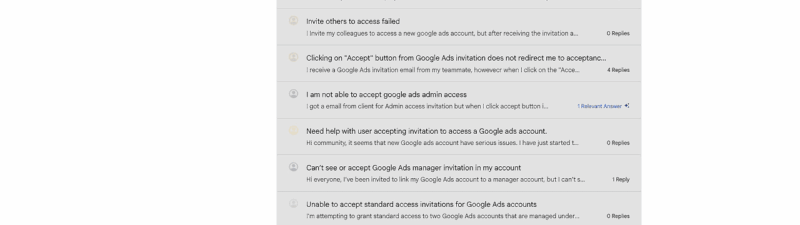 Screenshot of the Google Ads Help Community page showing a list of user questions about access issues, including topics like accepting invitations, data sources, admin access, account management, and finding a temporary fix.