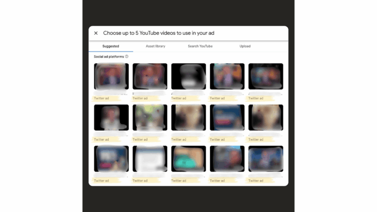 A screen displays a selection interface for choosing up to 5 YouTube videos to use in a Google Ads campaign, with blurred video thumbnails arranged in a grid and each labeled “Twitter ad” underneath for cross-platform promotion.