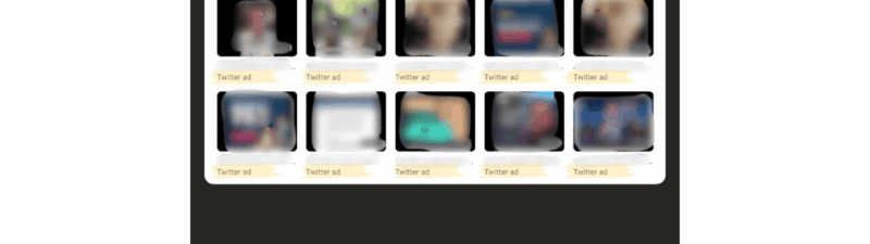 A screen displays a selection interface for choosing up to 5 YouTube videos to use in a Google Ads campaign, with blurred video thumbnails arranged in a grid and each labeled “Twitter ad” underneath for cross-platform promotion.
