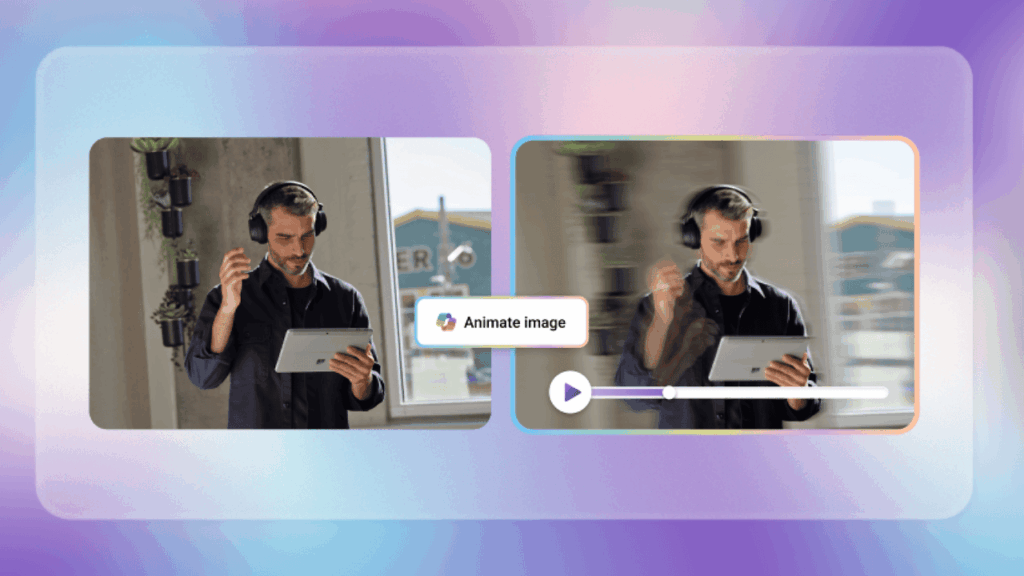 A man wearing headphones uses a tablet while standing indoors. On the left, the image is still; on the right, Copilot-Powered Image Animation adds motion with a play button and slider, bringing the scene to life.