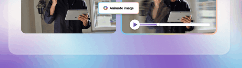 A man wearing headphones uses a tablet while standing indoors. On the left, the image is still; on the right, Copilot-Powered Image Animation adds motion with a play button and slider, bringing the scene to life.