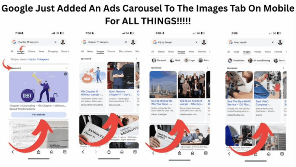 Four smartphone screenshots show Google’s mobile image search tab, now featuring horizontally-scrollable AI-powered ad carousels with various images, headlines, and website links related to law and accident topics. Large red arrows highlight the carousels.