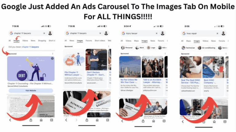 Four smartphone screenshots show Google’s mobile image search tab, now featuring horizontally-scrollable AI-powered ad carousels with various images, headlines, and website links related to law and accident topics. Large red arrows highlight the carousels.