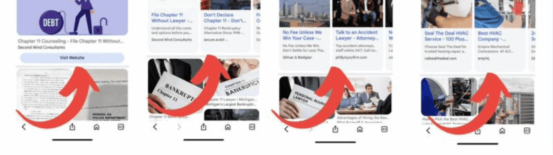 Four smartphone screenshots show Google’s mobile image search tab, now featuring horizontally-scrollable AI-powered ad carousels with various images, headlines, and website links related to law and accident topics. Large red arrows highlight the carousels.
